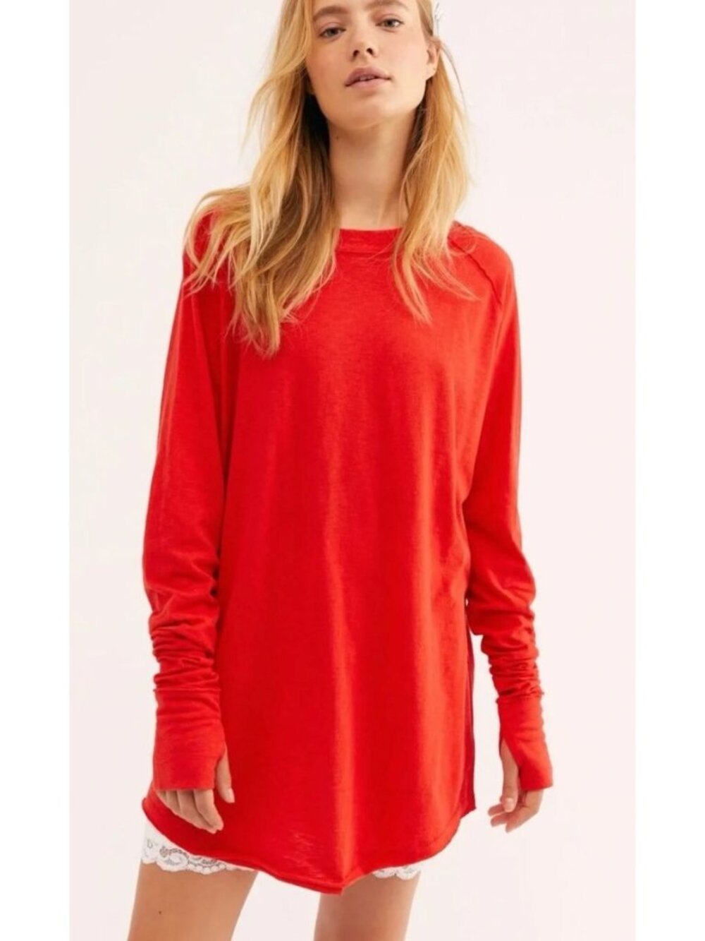 NWT We The Free Women’s Arden Tee Bright Red Long-Sleeve Tunic Top -sz XS